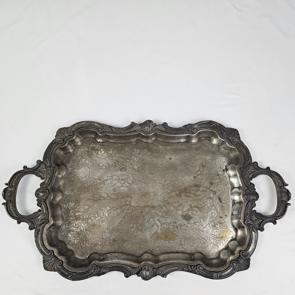 English Silverplate Platter Serving Tray Scalloped Edge With Handles 26" Antique